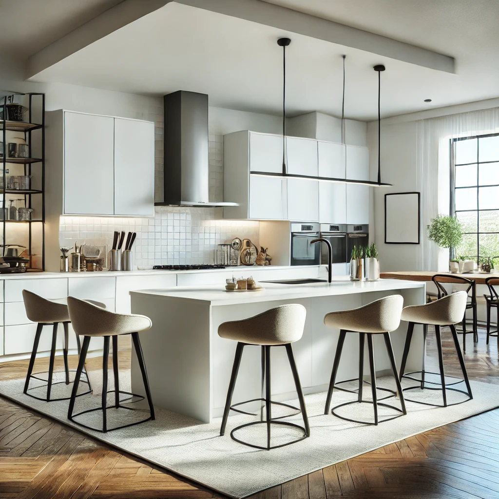 DALL·E 2025-01-23 23.42.03 - A fully renovated, modern kitchen with sleek white cabinets, stainless steel appliances, and a stylish island with barstools. The space is brightly li