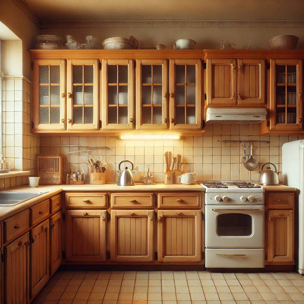 DALL·E 2025-01-23 23.42.06 - A slightly outdated kitchen with old but functional wooden cabinets, beige tiles, and basic appliances. The kitchen shows signs of age with a slightly